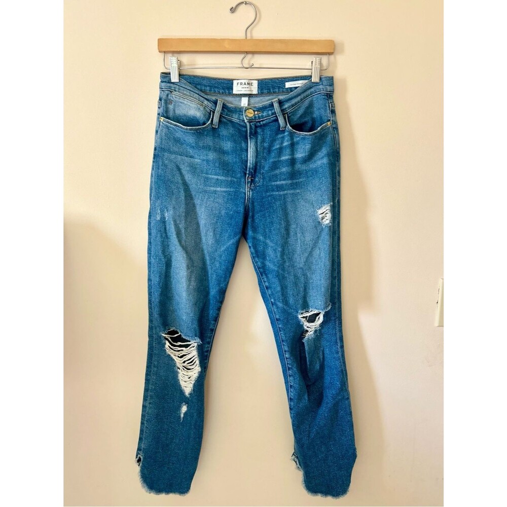 FRAME Denim Le High Straight Jeans Size 27 Liveoak Distressed Raw Hem Ankle